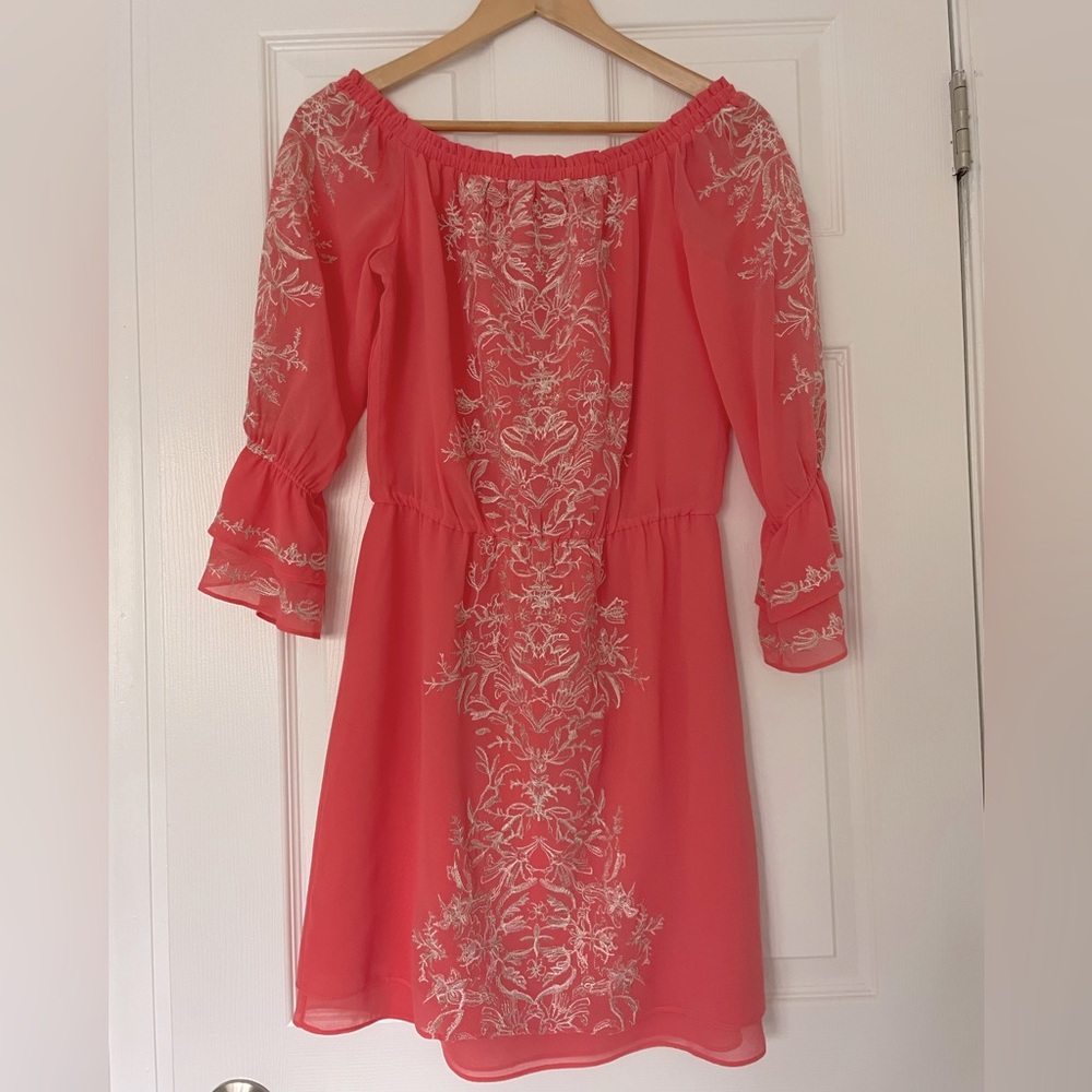 White House Black Market Coral Pink Off The Shoulder Ruffle Dress Sz Small